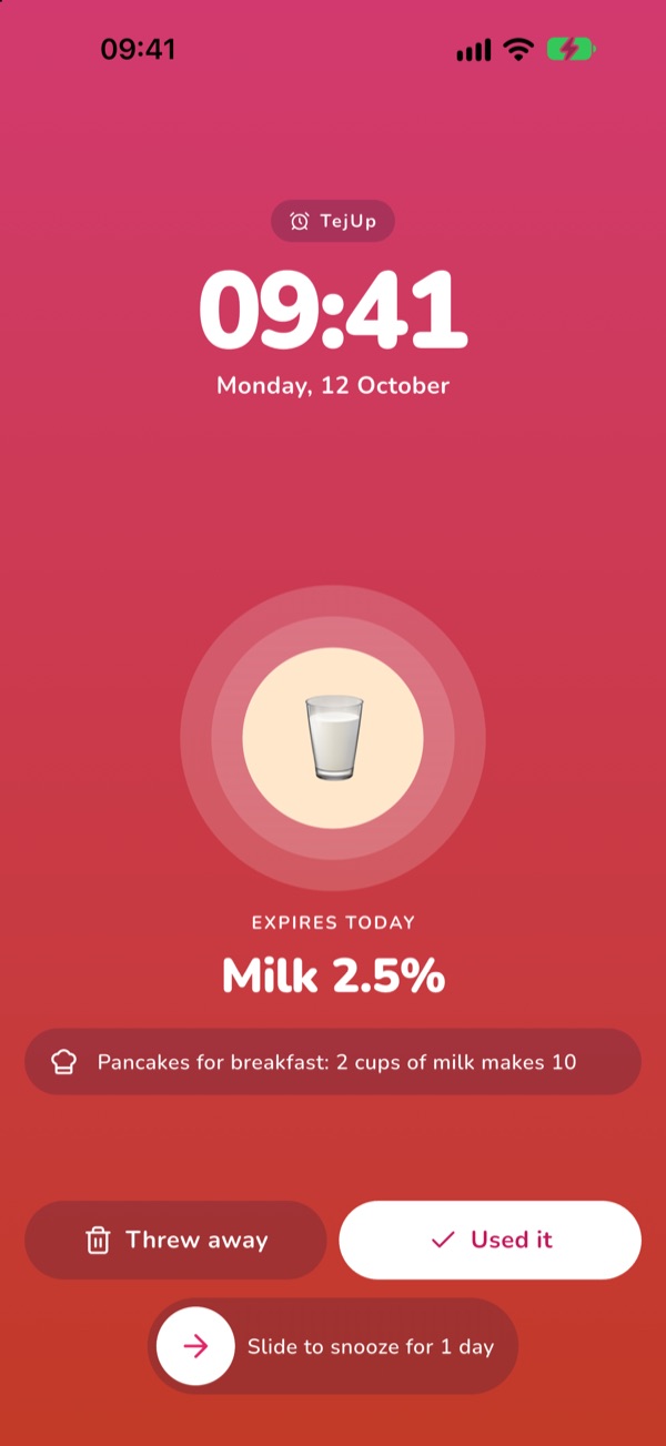 Alarm for an item that expires today